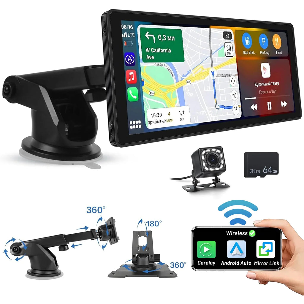Podofo 7-32V 10.26" Portable Touch Screen Car Stereo Radio Wireless Carplay Android Auto Mirror Link FM Bluetooth AUX for Car Suv Van Pickup Vehicles, with 64G Card&Backup Camera