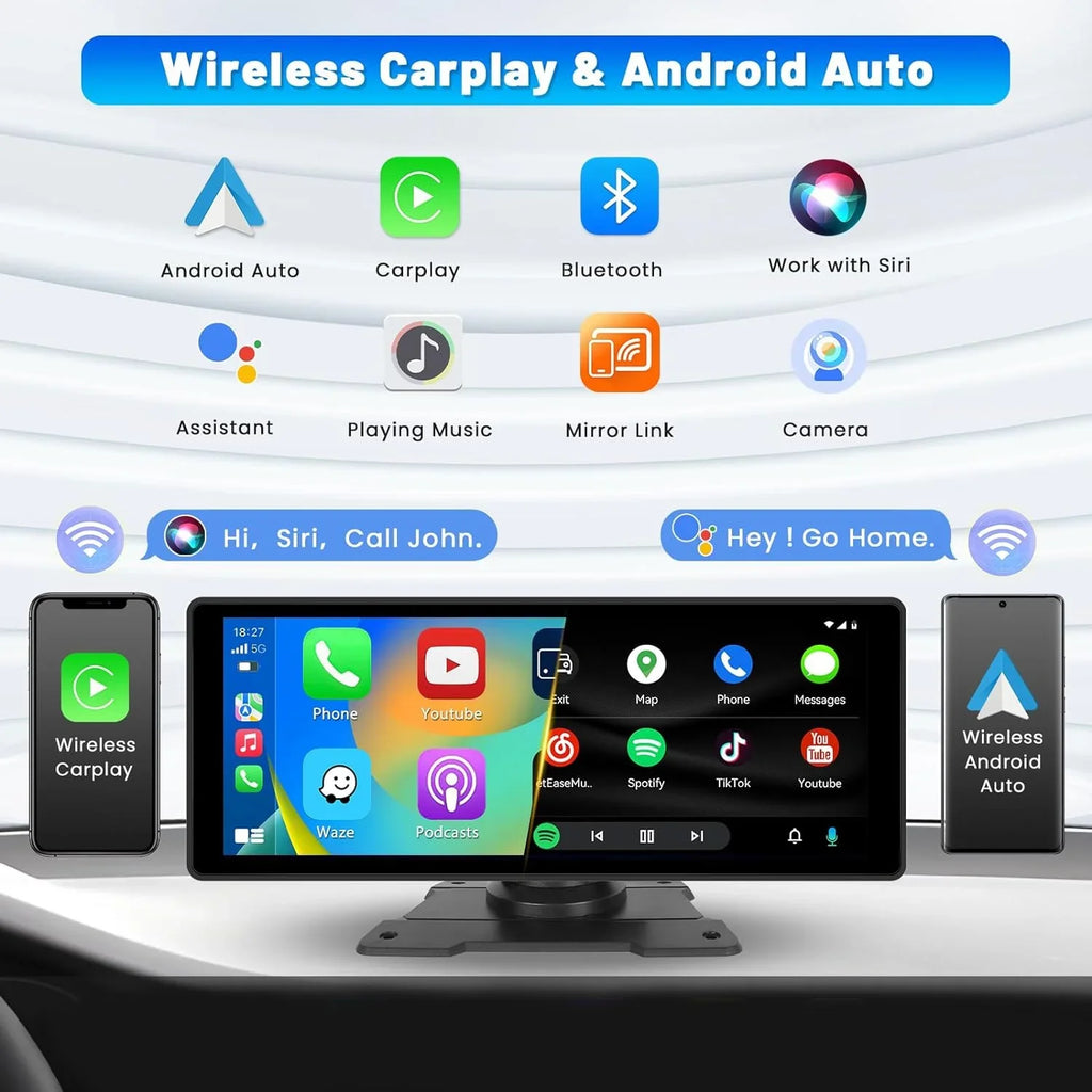 Podofo 7-32V 10.26" Portable Touch Screen Car Stereo Radio Wireless Carplay Android Auto Mirror Link FM Bluetooth AUX for Car Suv Van Pickup Vehicles, with 64G Card&Backup Camera