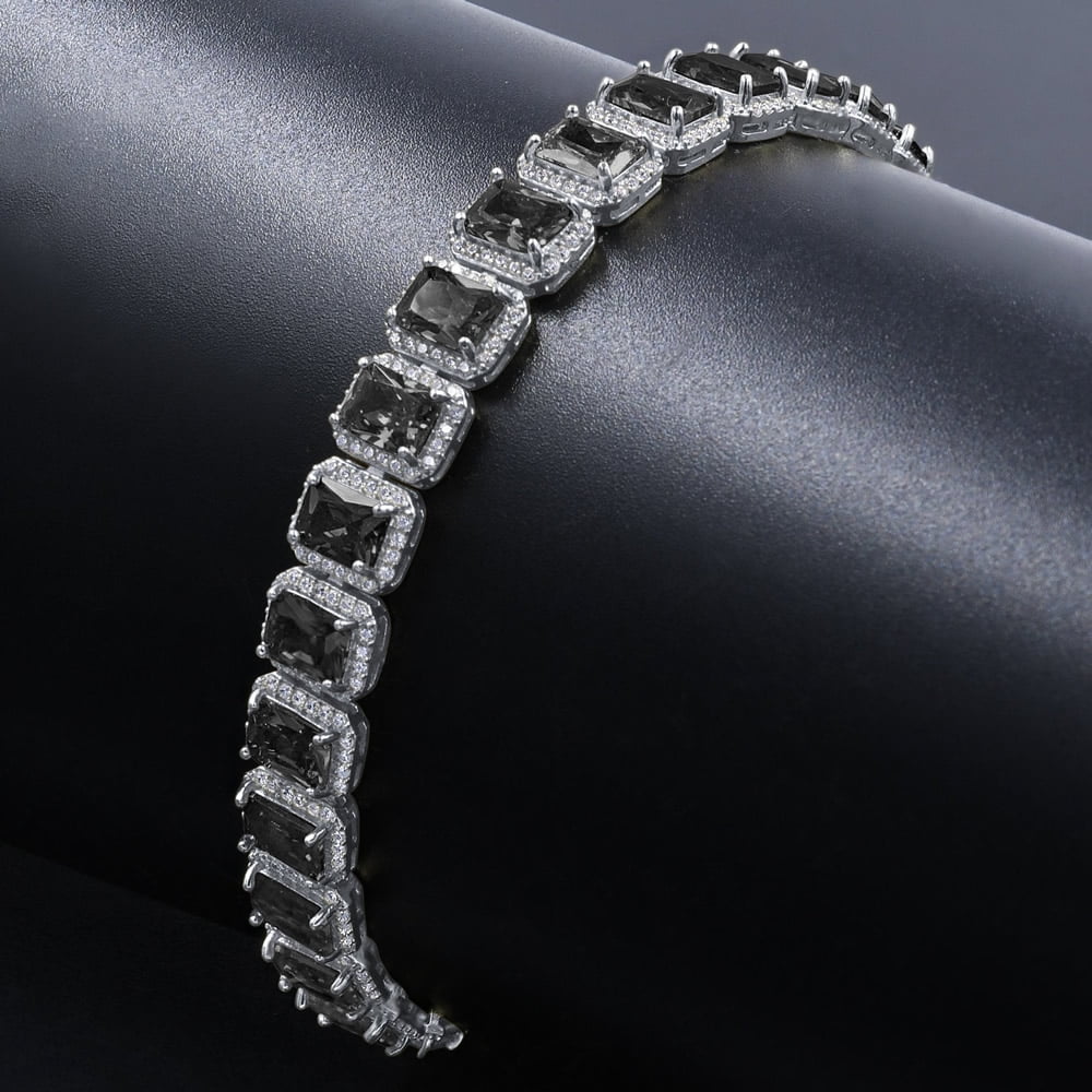 14K White Gold Finish Onyx Black Simulated Diamonds Solitaire Mens Ladies Bracelet 10mm / 8.5 Inch