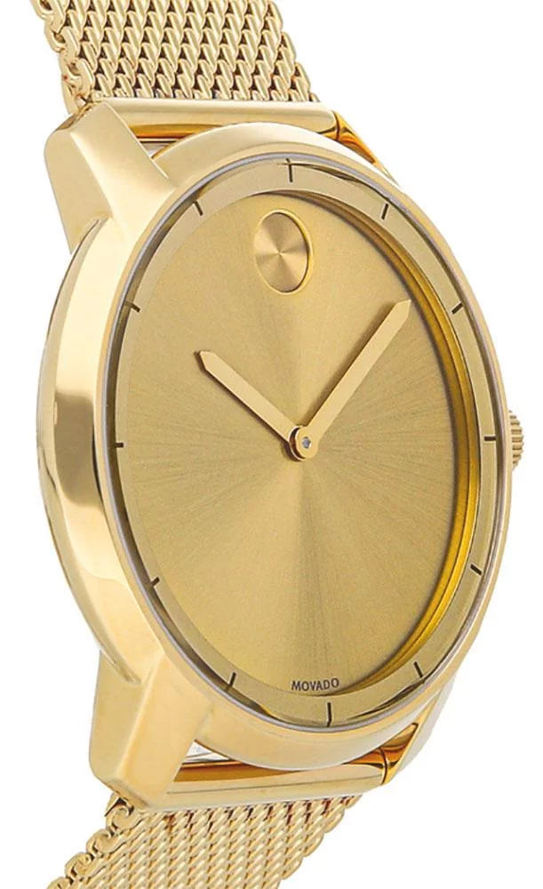 Movado Bold Gold-Tone Stainless Steel Gold Dial Mesh Band Quartz Mens Watch 3600373